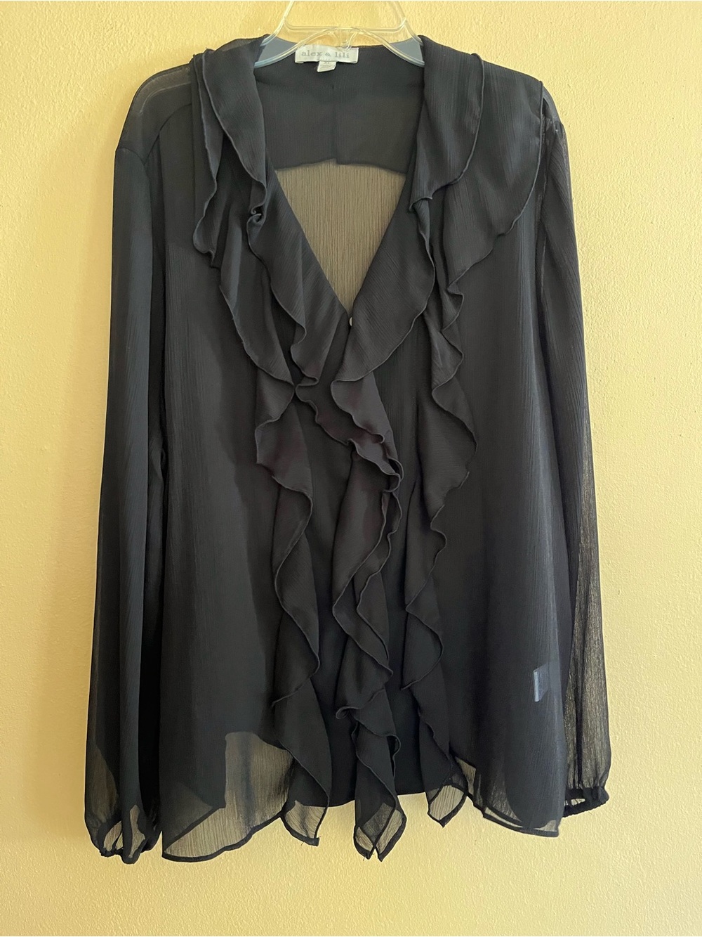 Alex & Lili Black Sheer Chiffon Ruffle Blouse Top XL